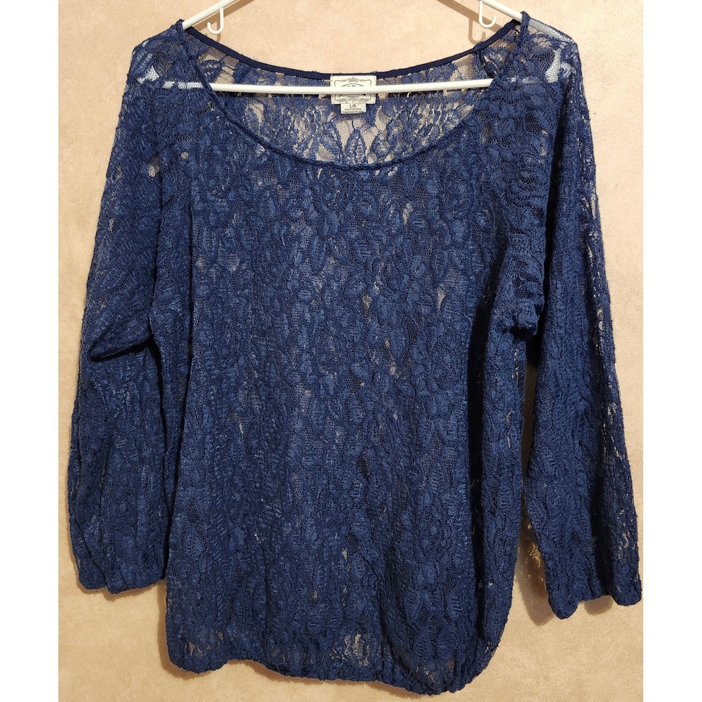 Ariat Womens Navy Blue Floral Lace Sheer Scoop Neck 3/4 Sleeve Top Large
